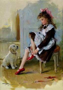 ペットと子供 Painting - 小さな女の子と子犬 KR 004 ペットの子供たち
